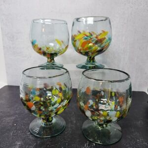 Vtg Brandy Snifters Hand Blown Mexican Glass Crate and Barrel Bubbles Confetti